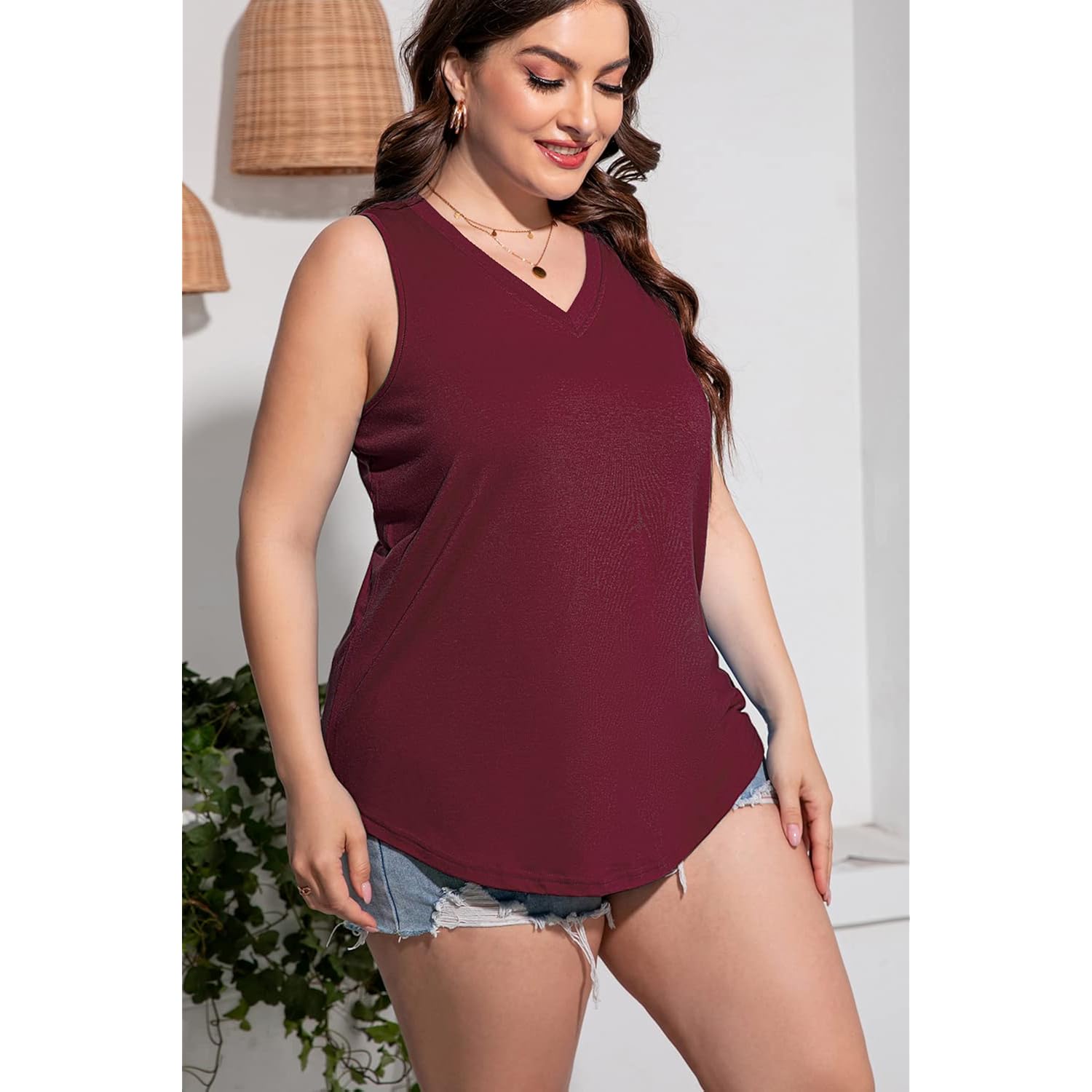 CARROTMOB Plus Size Sleeveless Tops Women Casual Summer Sleeveless Loose Fit V Neck Ladies Basic Tshirt