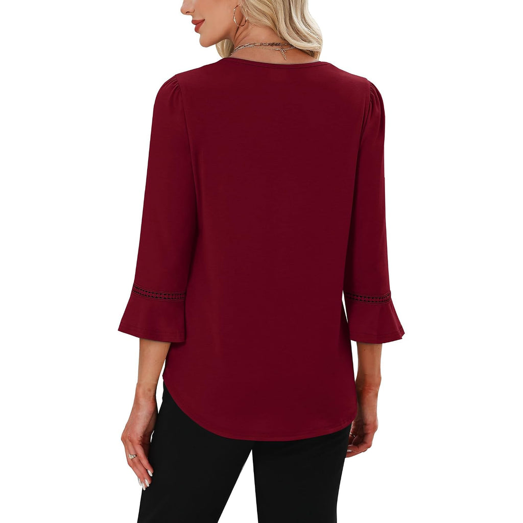WIHOLL Womens Blouses Dressy Casual 3/4 Length Sleeve Tops Lace Trendy 2026 Spring Summer V Neck Shirts Vacation Outfits
