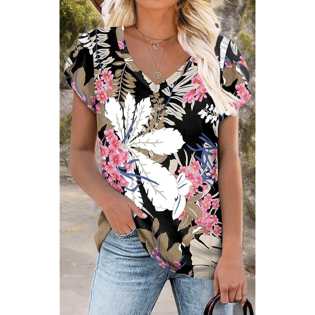 Women's Classic V-Neck Tunic Top Leaf Pink