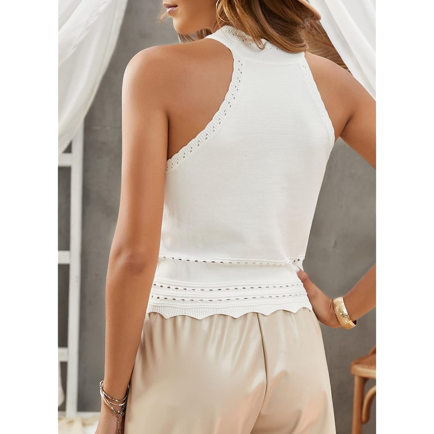 EVALESS Womens Tank Tops Summer Ribbed Knit Racerback High Neck Halter Crop Tops Blouses Sleeveless Slim Basic Cami Shirts