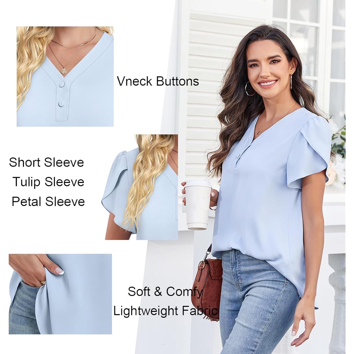 Women's Button Front Chiffon Tunic Top Light Blue