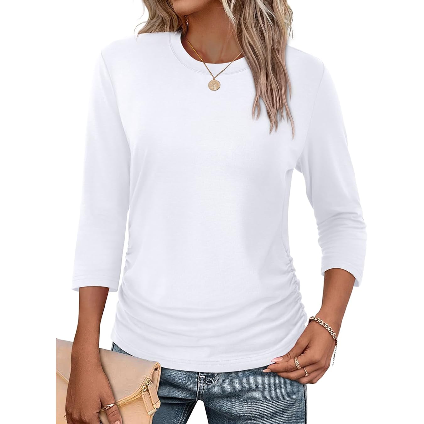 WIHOLL Womens 3/4 Length Sleeve Tops Crewneck Ruched Summer Shirts 2026 Business Casual Outfits Blouses Spring Clothes