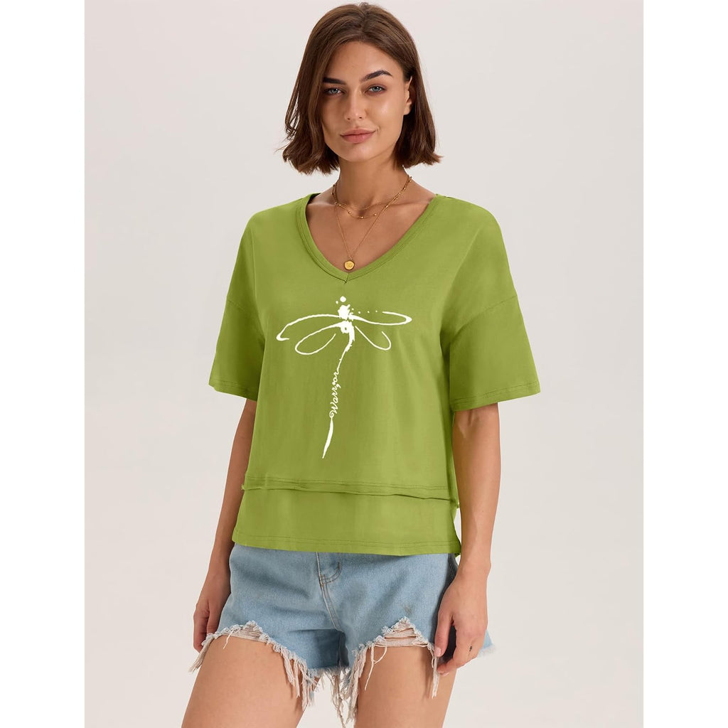 LOMON Women's V Neck 100% Cotton T Shirts Oversized Boxy Cropped Tops Casual Short Sleeve Summer Cute Tees