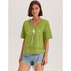 LOMON Women's V Neck 100% Cotton T Shirts Oversized Boxy Cropped Tops Casual Short Sleeve Summer Cute Tees