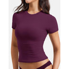 YEOREO Ease Women Fitted Workout Tops Short Sleeve Double Lined Basic Y2K Going Out Crew Neck Compression Crop Top