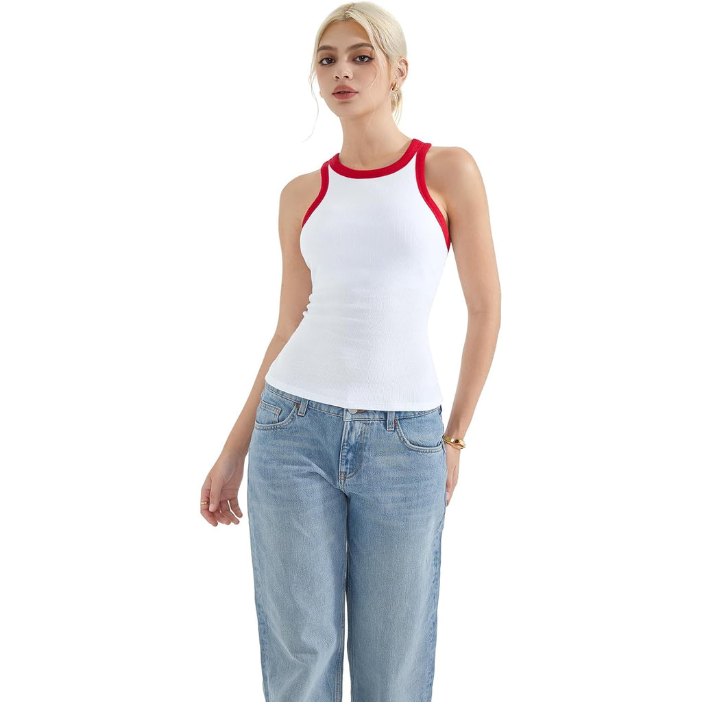 Women's High Neck Racerback Tank Top White/Red