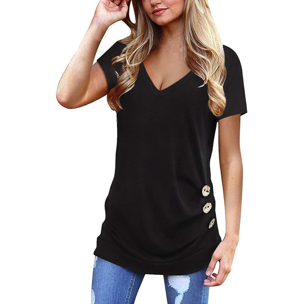 Women's Buttoned V-Neck Tunic Top Black