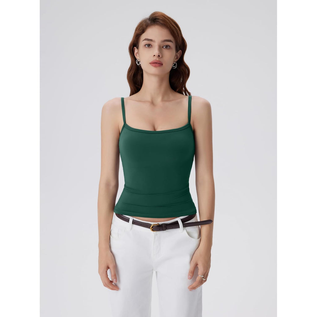 SUUKSESS Women Built in Bra Tank Tops Double Line Going Out Basic Square Neck Camisole Top