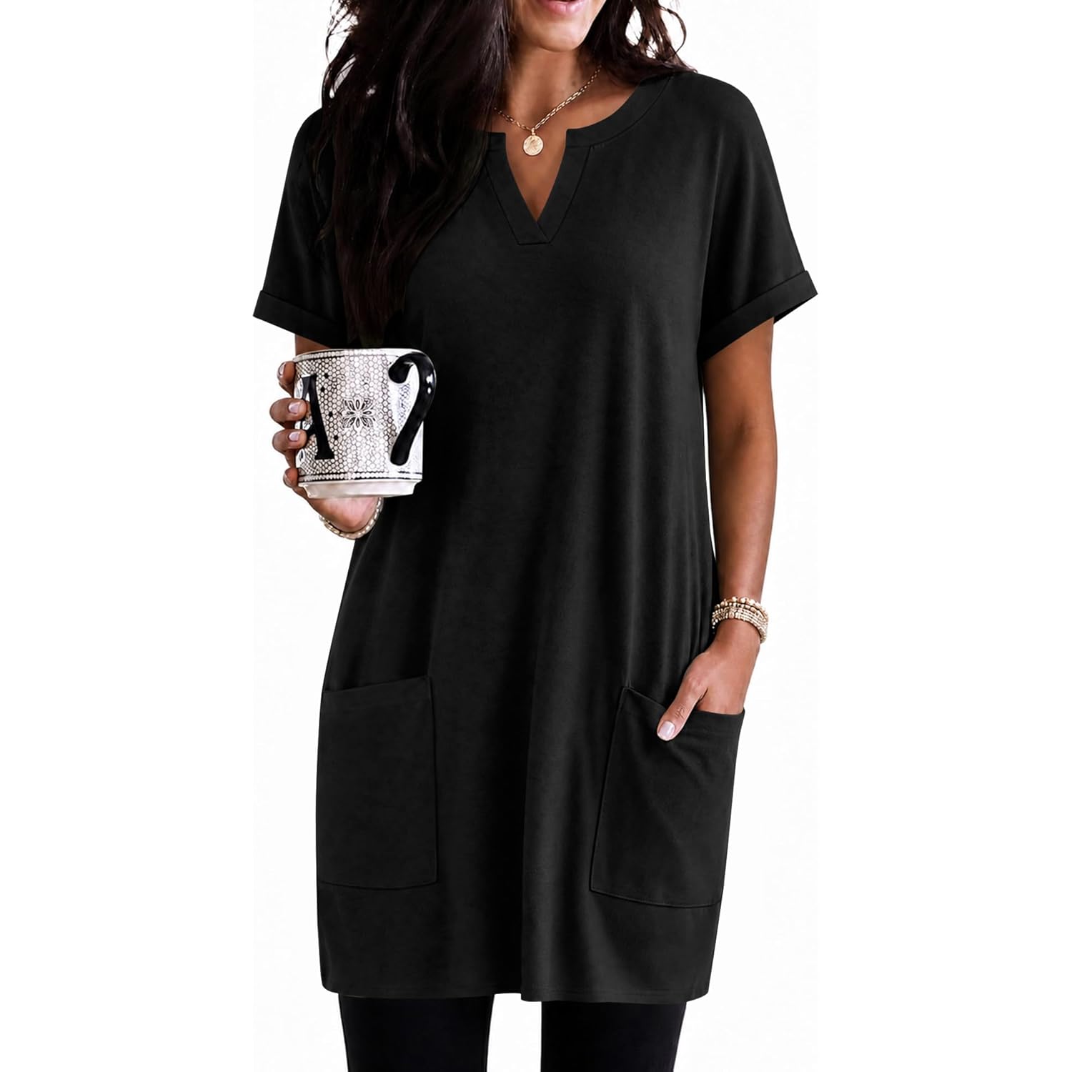 Women's Pocket V-Neck Tunic Top Black