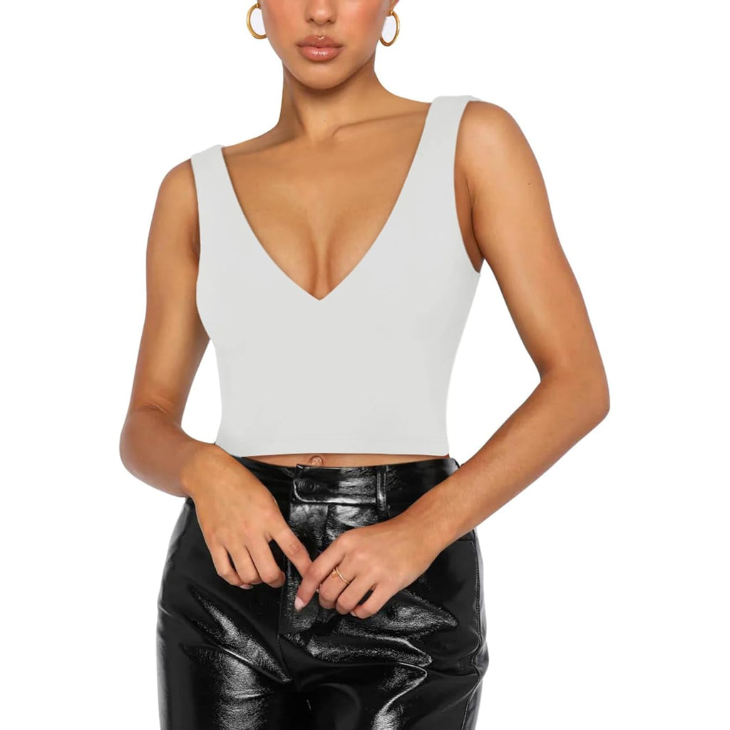 REORIA Butsmooth® Women’s Trendy Sexy Plunge Deep V Neck Sleeveless V Backless Slim Fit Going Out Crop Tank Tops