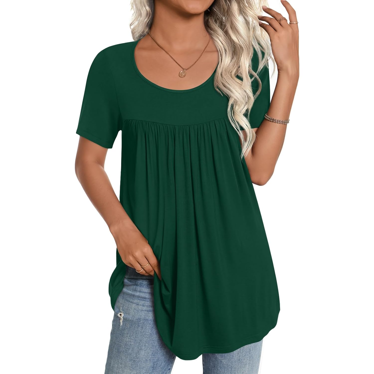 Women's Loose Fit Casual Tunic Top Short Sleeve Dark Green