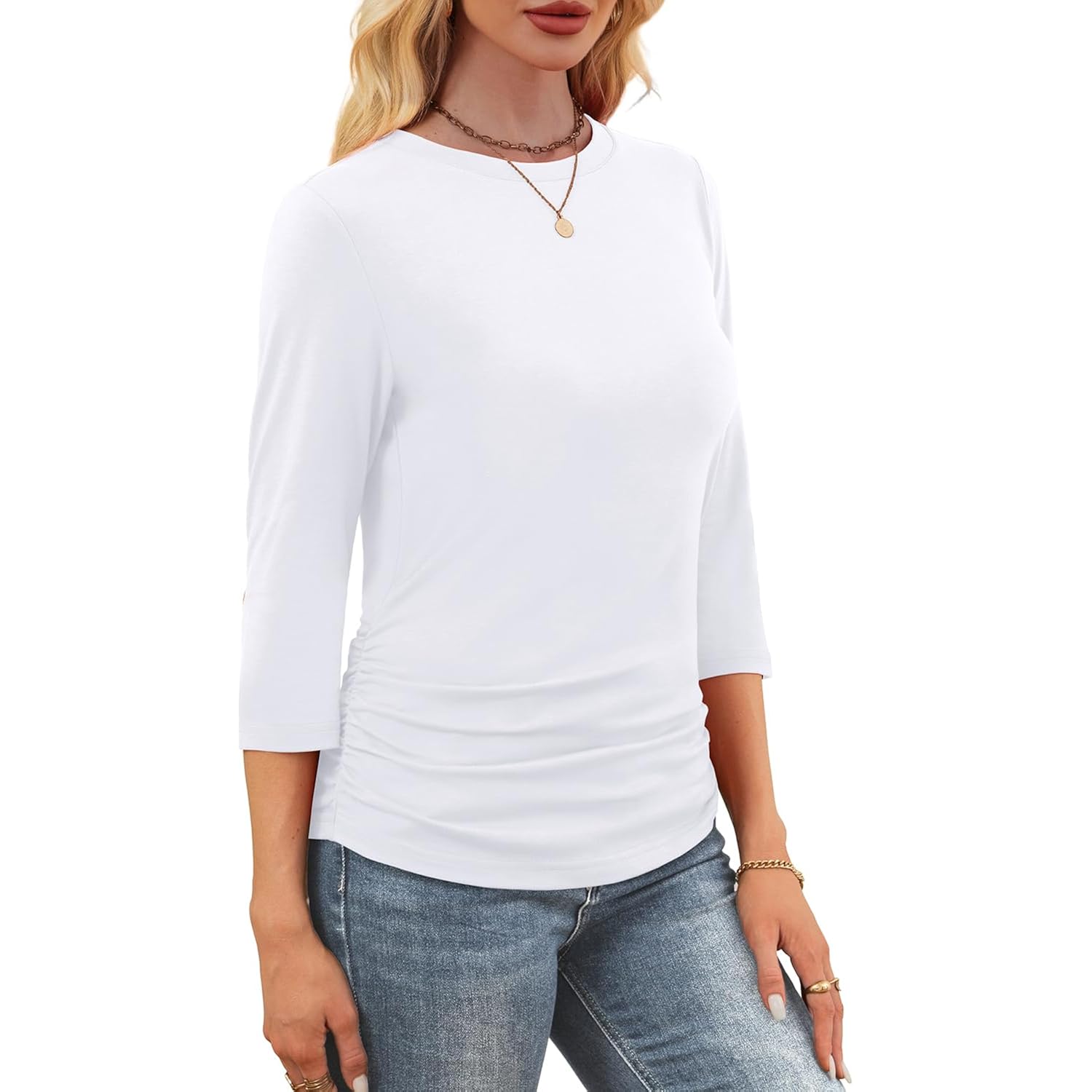 WIHOLL Womens 3/4 Length Sleeve Tops Crewneck Ruched Summer Shirts 2026 Business Casual Outfits Blouses Spring Clothes