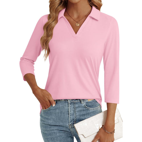 Women's 3/4 Sleeve V-Neck Polo Shirt Light Pink