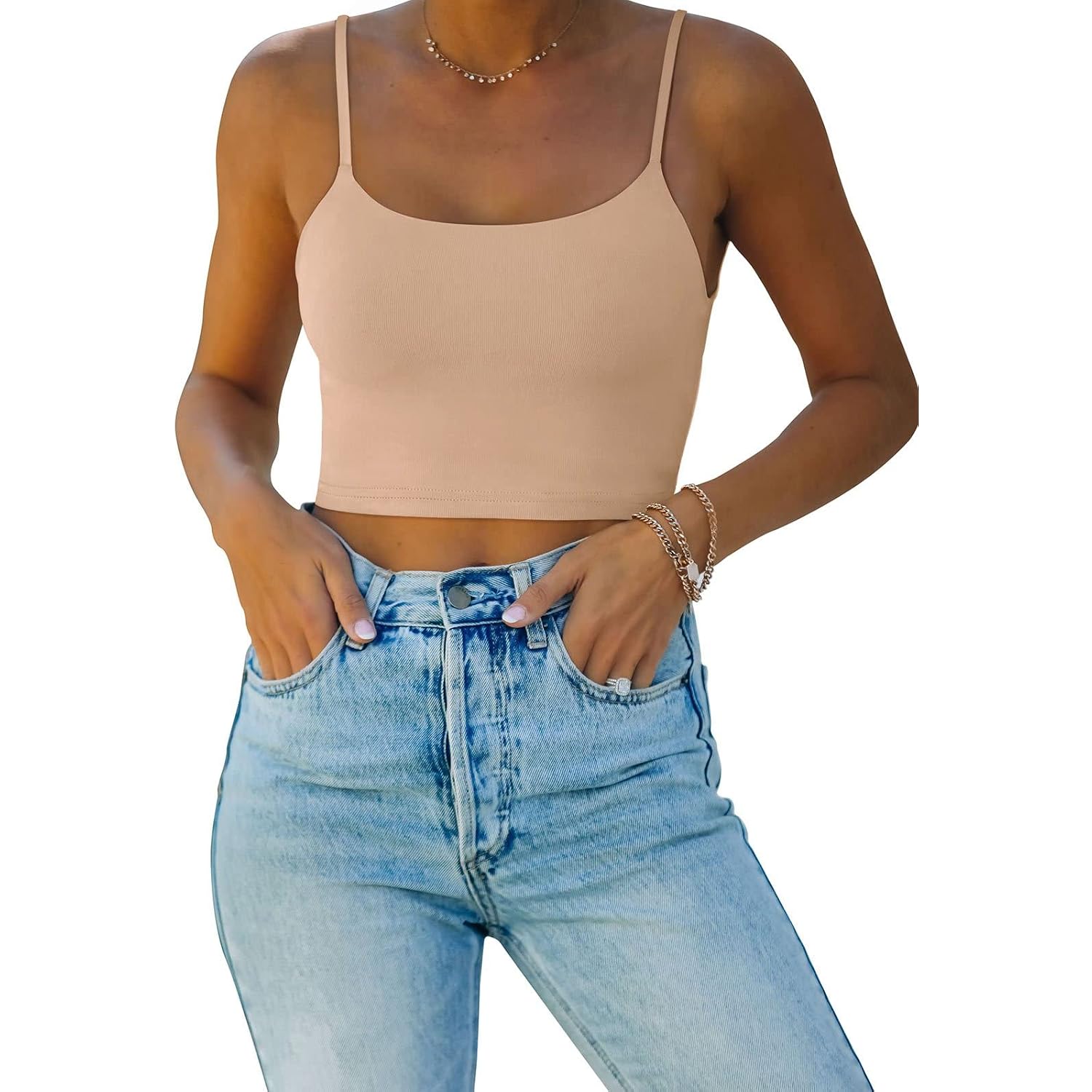 REORIA Women's Sexy Adjustable Spaghetti Strap Double Lined Seamless Camisole Tank Yoga Crop Tops