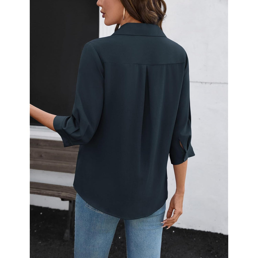 Women's Collared Cotton Linen Tunic Top Navy Blue