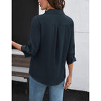 Women's Collared Cotton Linen Tunic Top Navy Blue