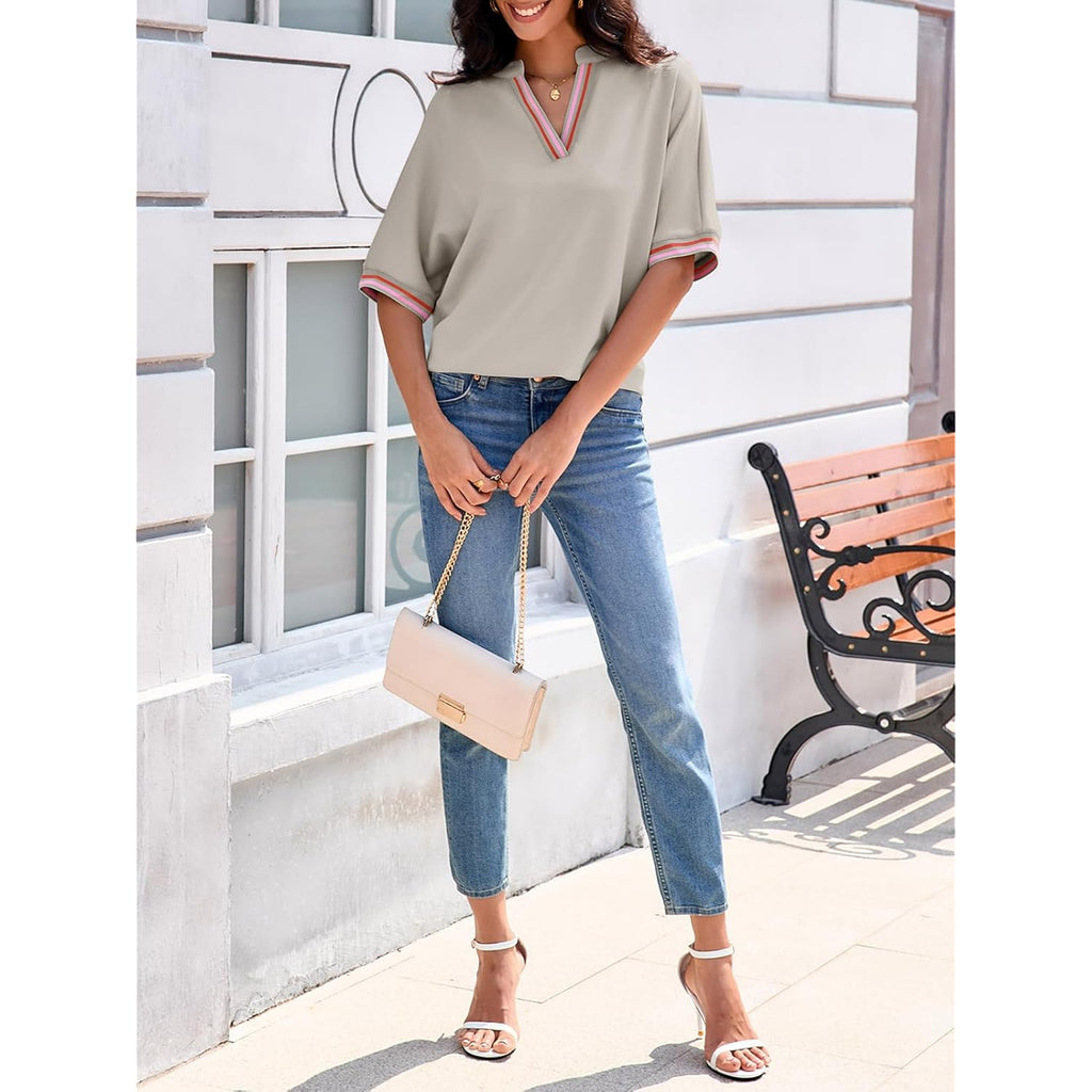 Women's Color Block V-Neck Tunic Top Khaki