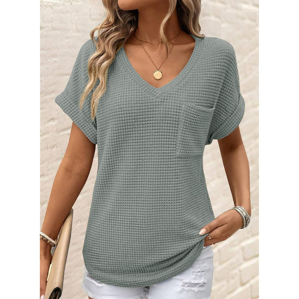 Dokotoo Womens Waffle Knit Tops 2026 Spring Summer V Neck Shirts Casual Trendy Women's Blouses Basic Tee