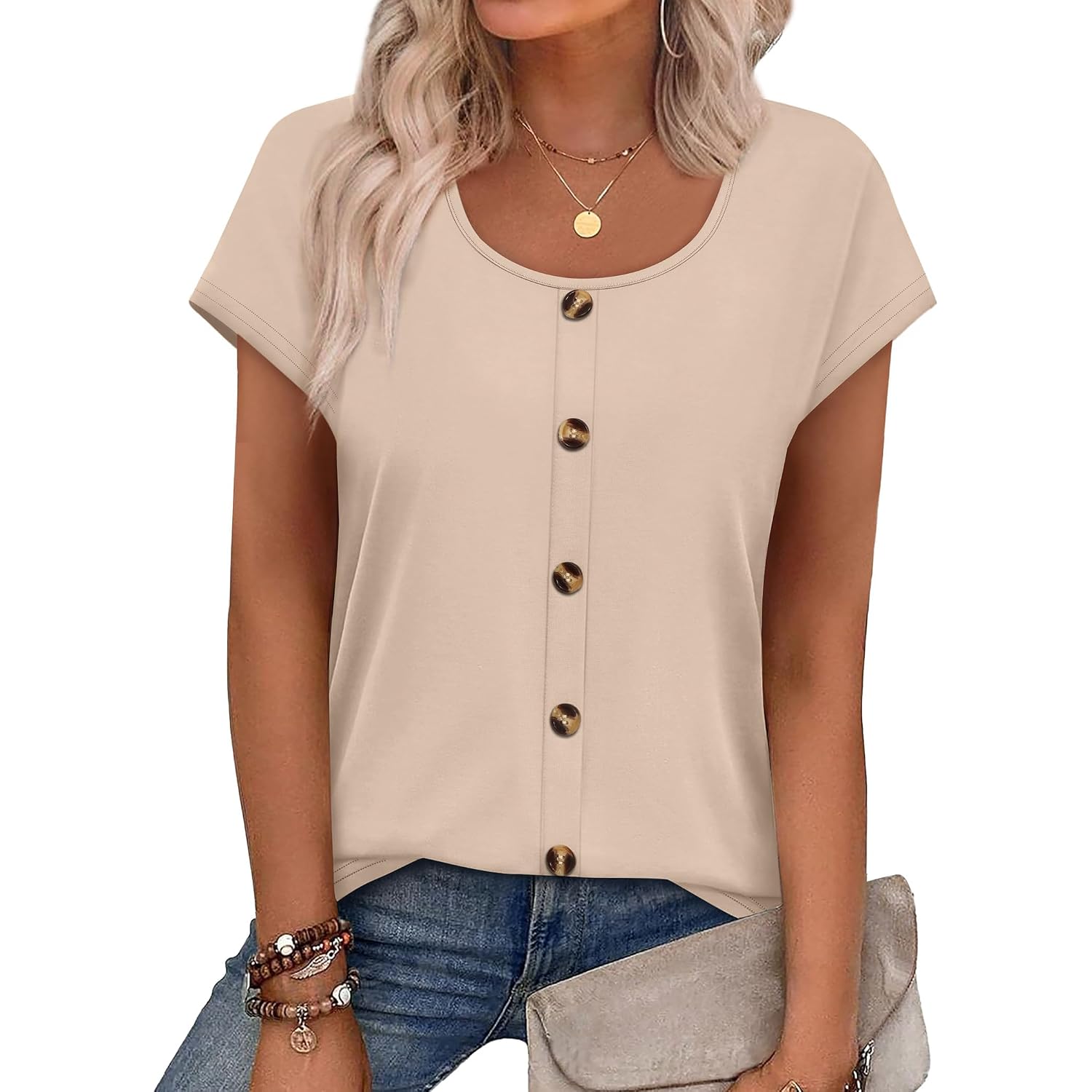 WIHOLL Womens Summer Tops Cap Short Sleeve Shirts Button Down Blouses U Neck T Shirts Fashion Clothing