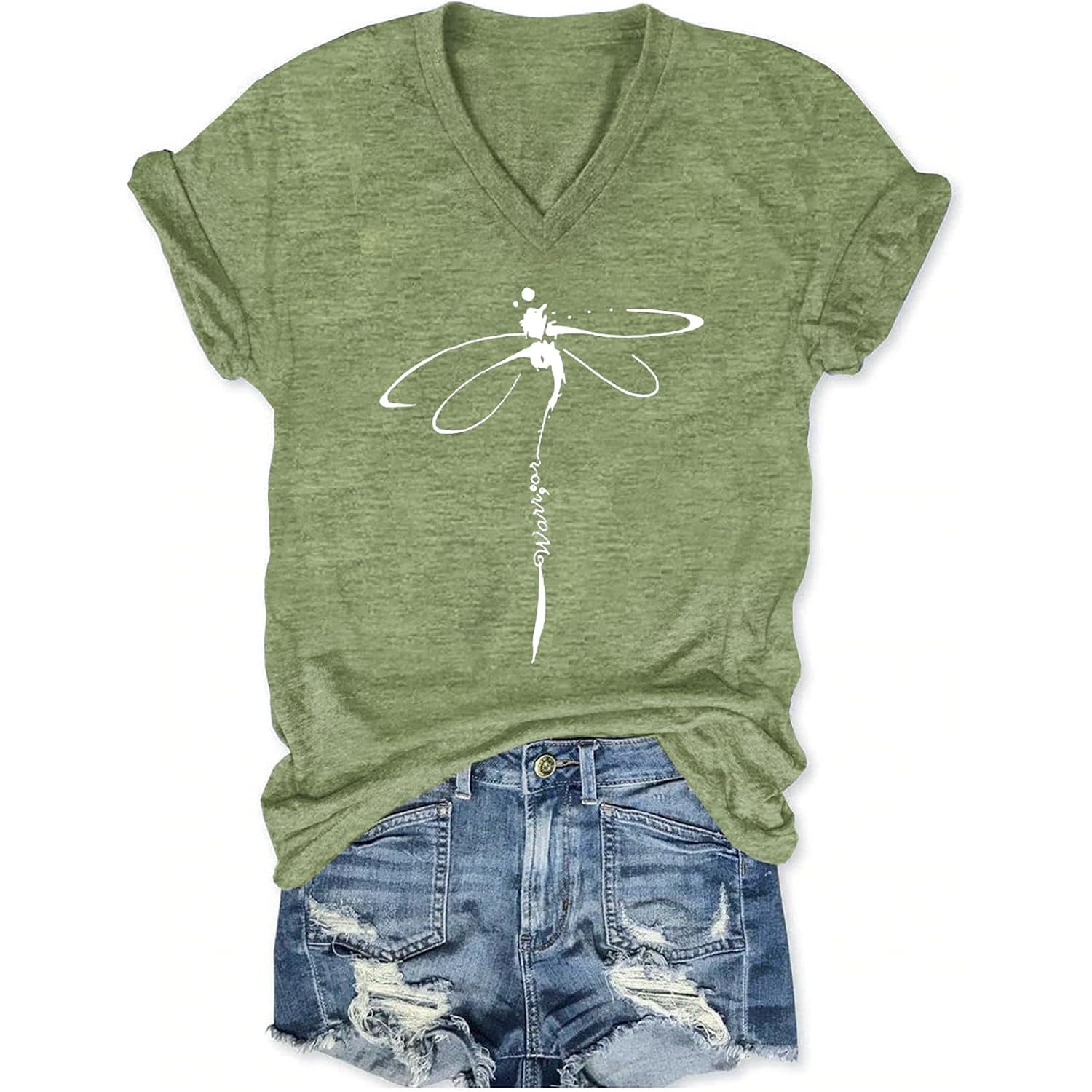 Women's T-Shirts V-Neck Dragonfly Tee Cute Summer Graphic Shirts Vintage Boho Flowers Short Sleeve T Shirt