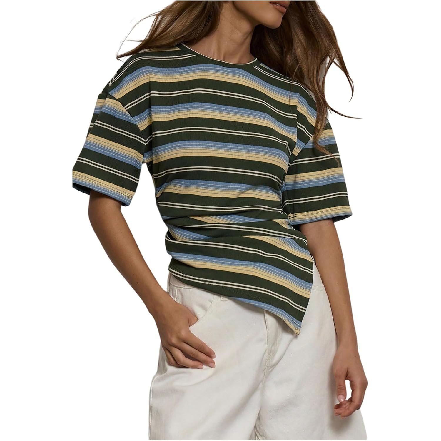 SOLY HUX Women's Striped T Shirt Short Sleeve Split Asymmetrical Hem Tee Casual Summer Tops