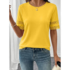 SHEWIN Womens Tops Crewneck Hollow Out Short Sleeve Shirts Lace Spring Blouses Tee Summer Tops for Women 2026