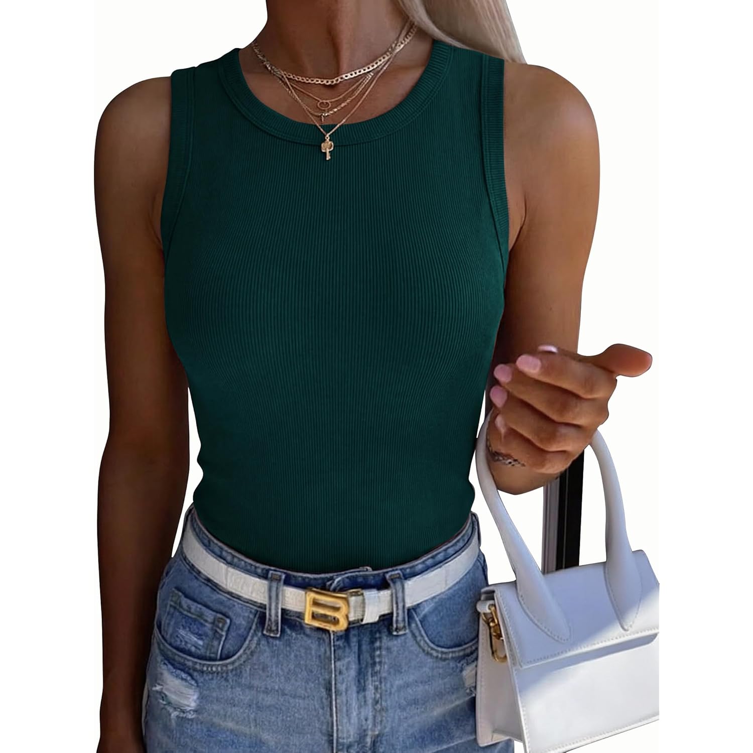 Women's Ribbed Racerback Tank Top Deep Green