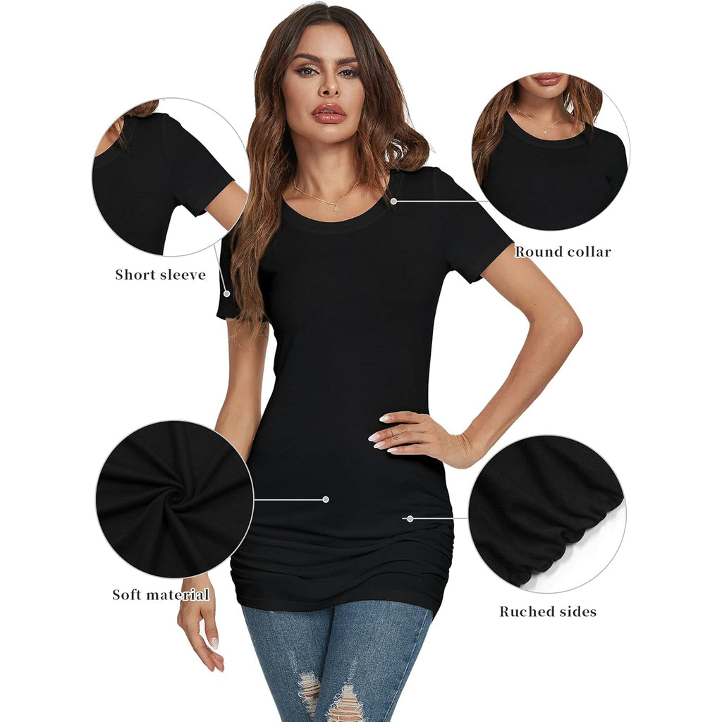 Women's Ruched Crew Neck Tunic Top Black