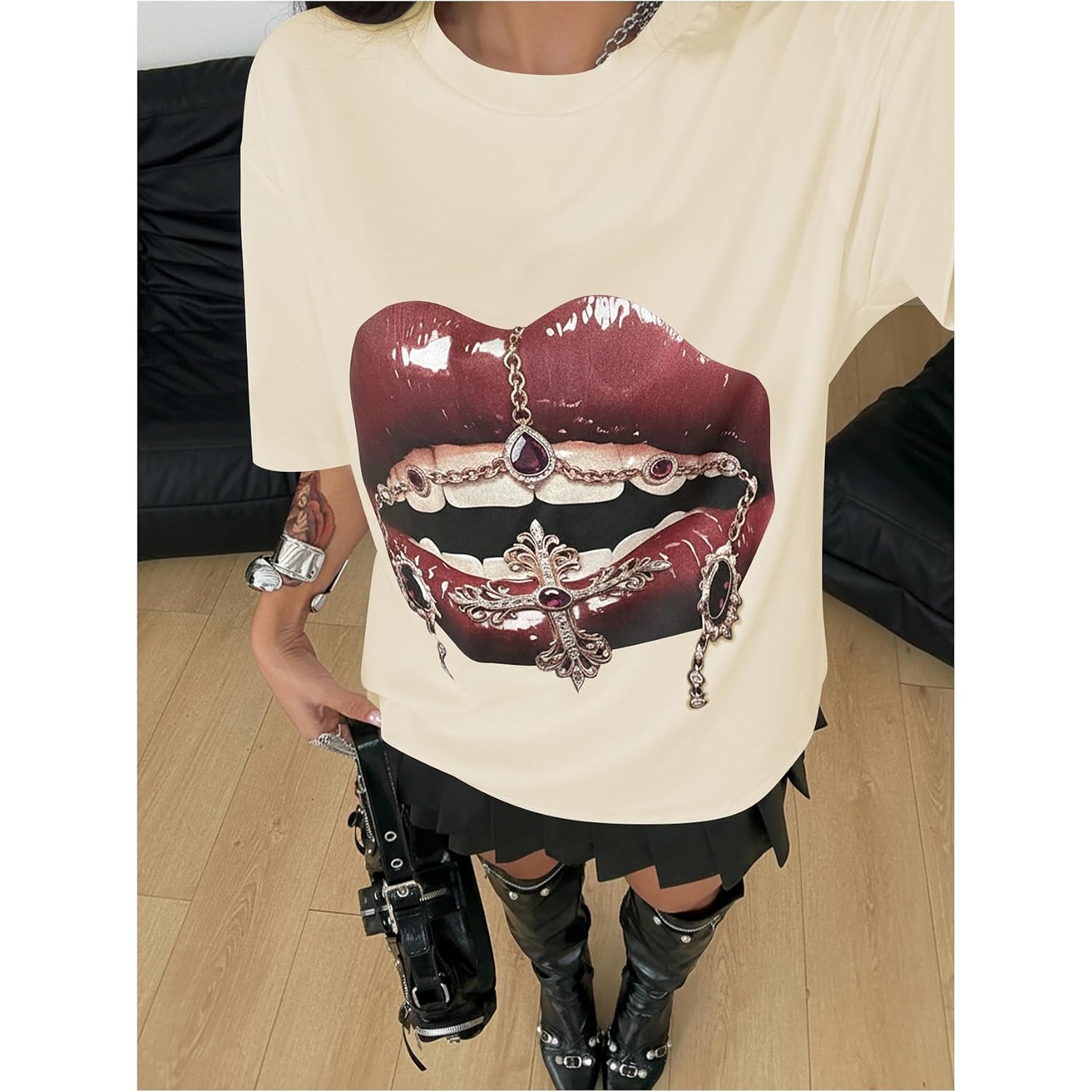 Verdusa Women's Y2k Lips Print Graphic T Shirts Rave Hip Hop Tees Streetwear Going Out Tops