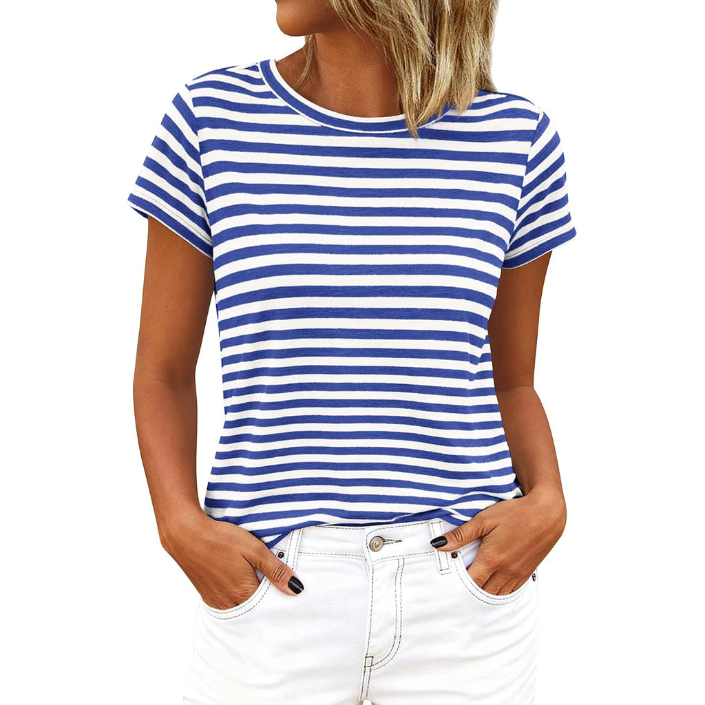 BTFBM Tops for Women Trendy Summer 2026 Crew Neck Short Sleeve T Shirts Striped Casual Vacation Blouse Basic Tee
