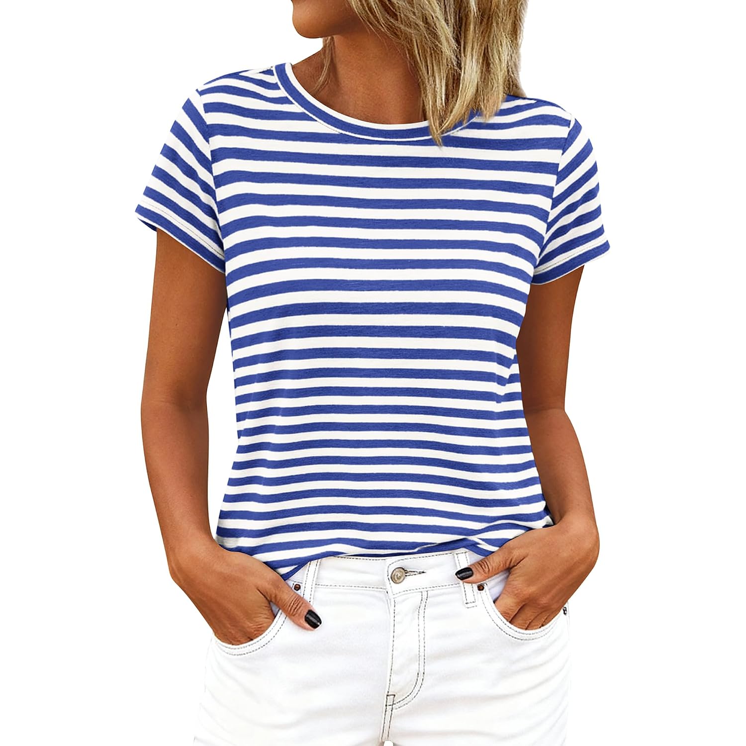 BTFBM Tops for Women Trendy Summer 2026 Crew Neck Short Sleeve T Shirts Striped Casual Vacation Blouse Basic Tee