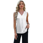 Women's Pleated Satin V-Neck Tank Top White