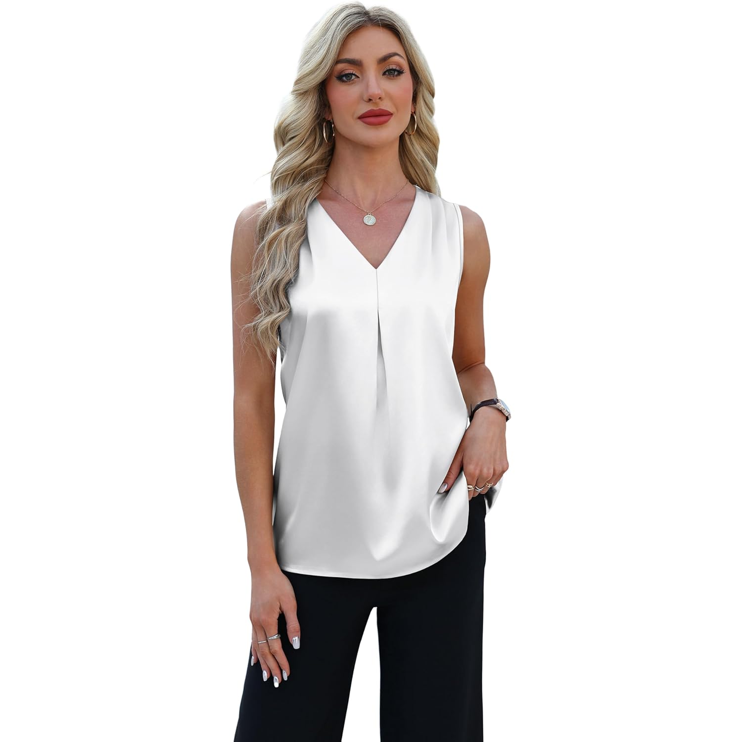Women's Pleated Satin V-Neck Tank Top White