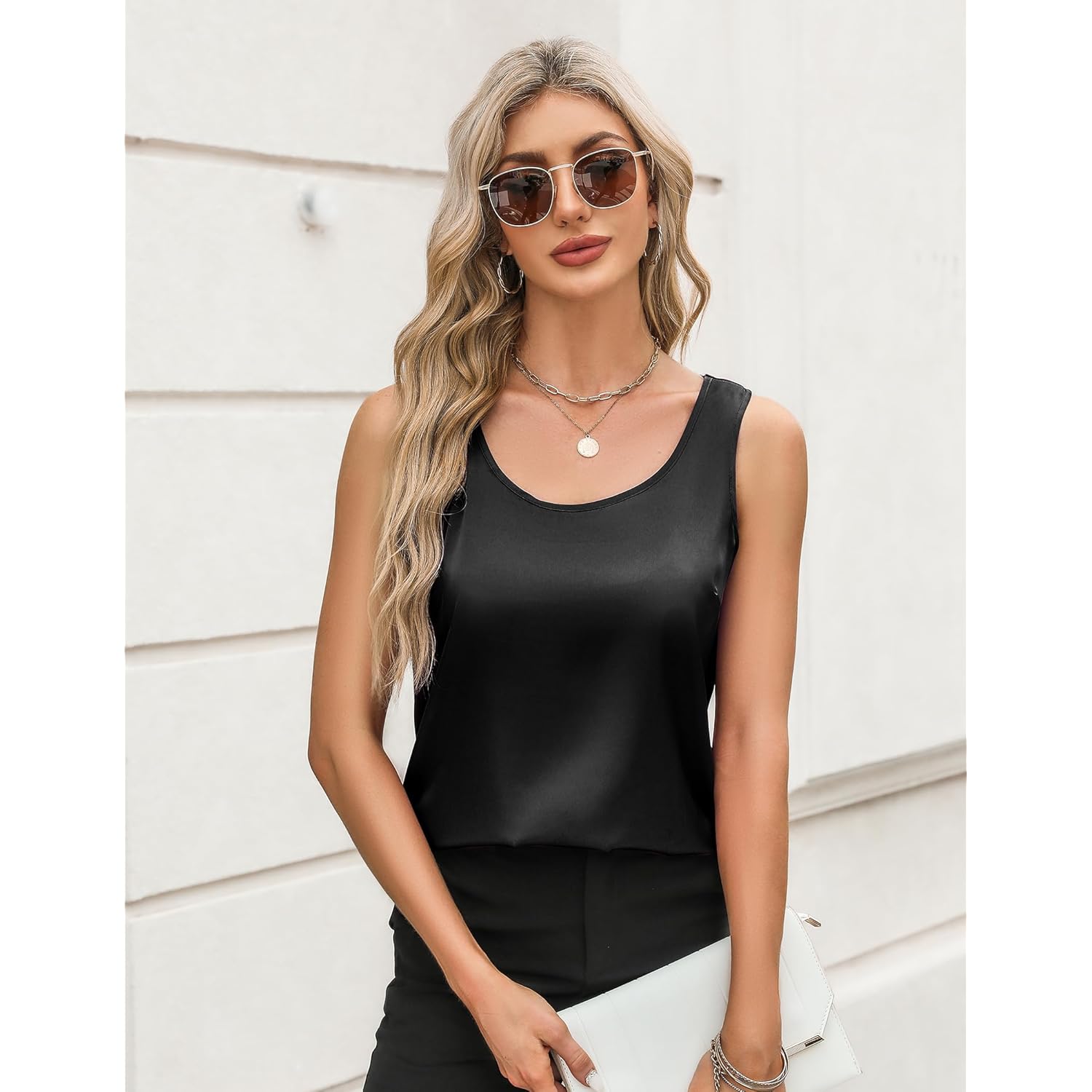 Women's Silk Satin Scoop Neck Tank Top Black