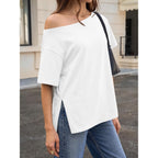 Cicy Bell Womens Oversized T-Shirts Short Sleeve Summer Casual One Shoulder Tops Side Split Loose Fit Tees