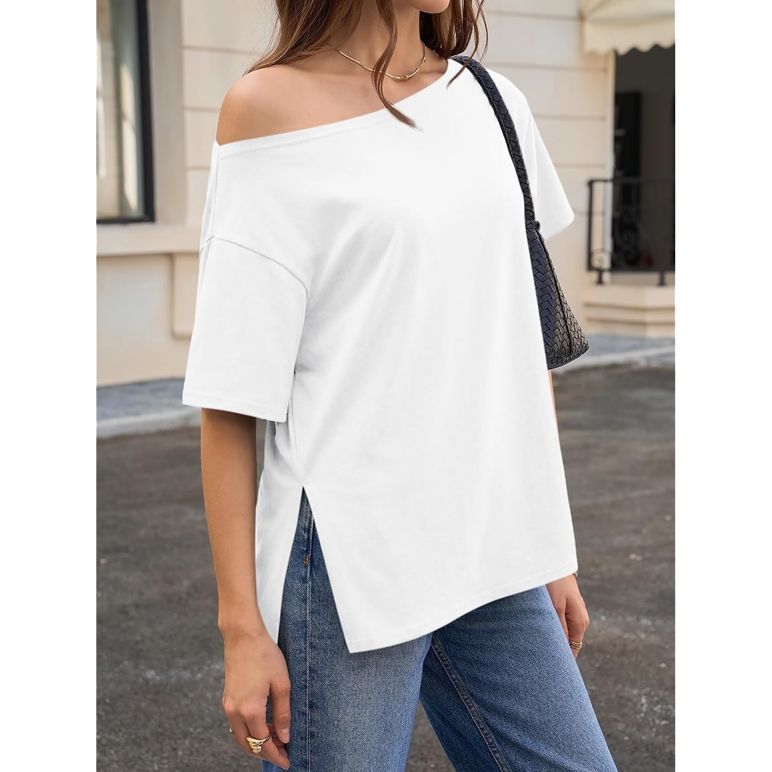 Cicy Bell Womens Oversized T-Shirts Short Sleeve Summer Casual One Shoulder Tops Side Split Loose Fit Tees