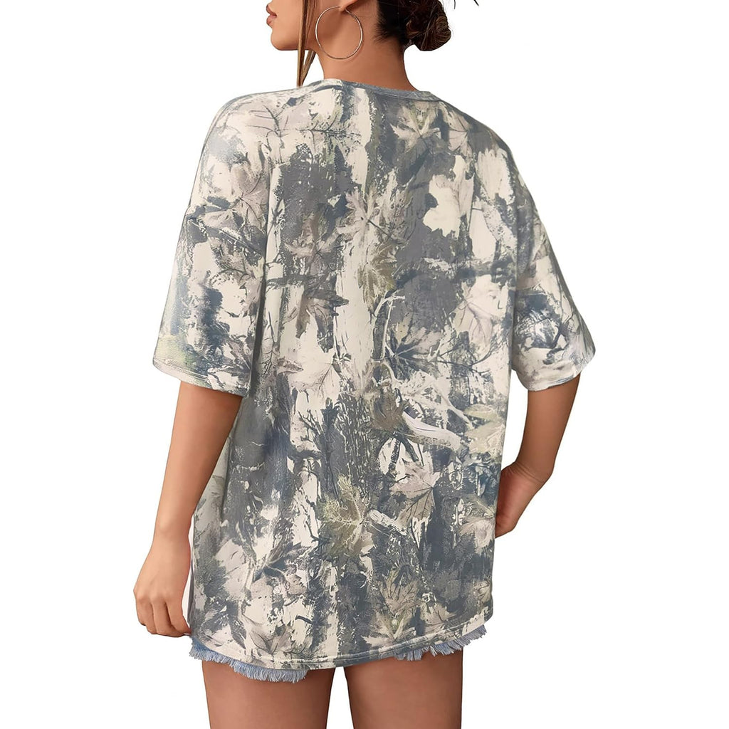 SOLY HUX Women's Camo Print T Shirts Loose Short Sleeve Crew Neck Drop Shoulder Tee Tops Streetwear