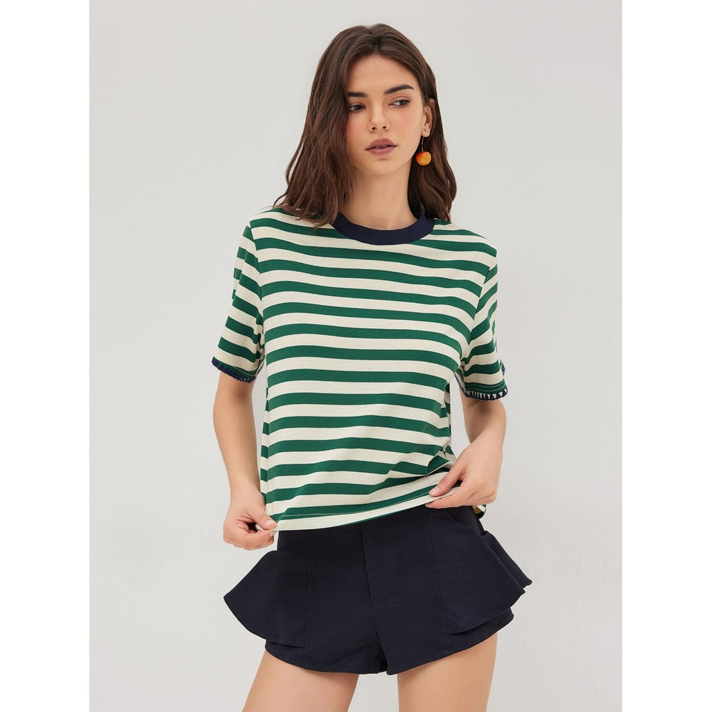 CIDER Women Stripe Crop Boxy Top Oversized Summer Crew Neck T-Shirt Cotton-Blend Short Sleeve Tee
