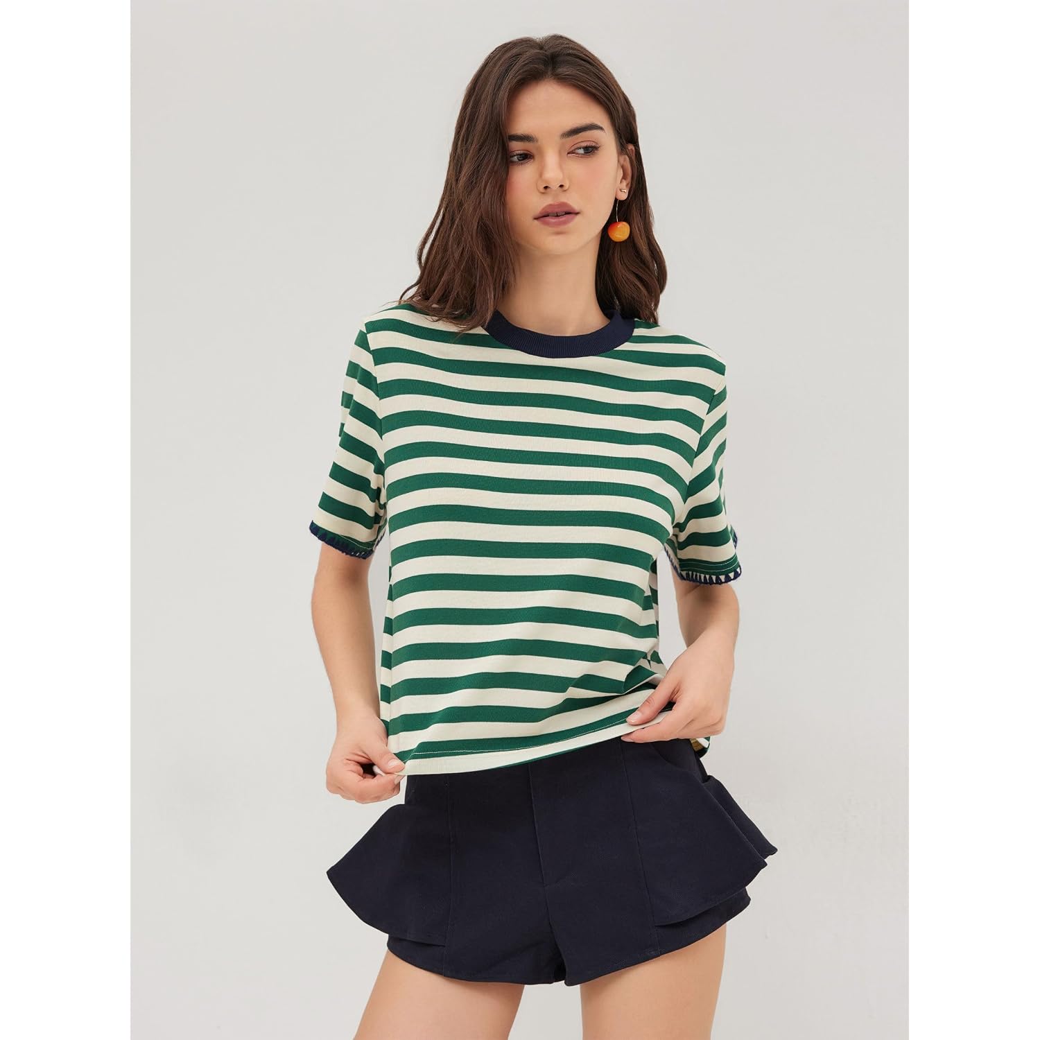 CIDER Women Stripe Crop Boxy Top Oversized Summer Crew Neck T-Shirt Cotton-Blend Short Sleeve Tee