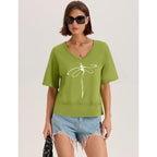 LOMON Women's V Neck 100% Cotton T Shirts Oversized Boxy Cropped Tops Casual Short Sleeve Summer Cute Tees