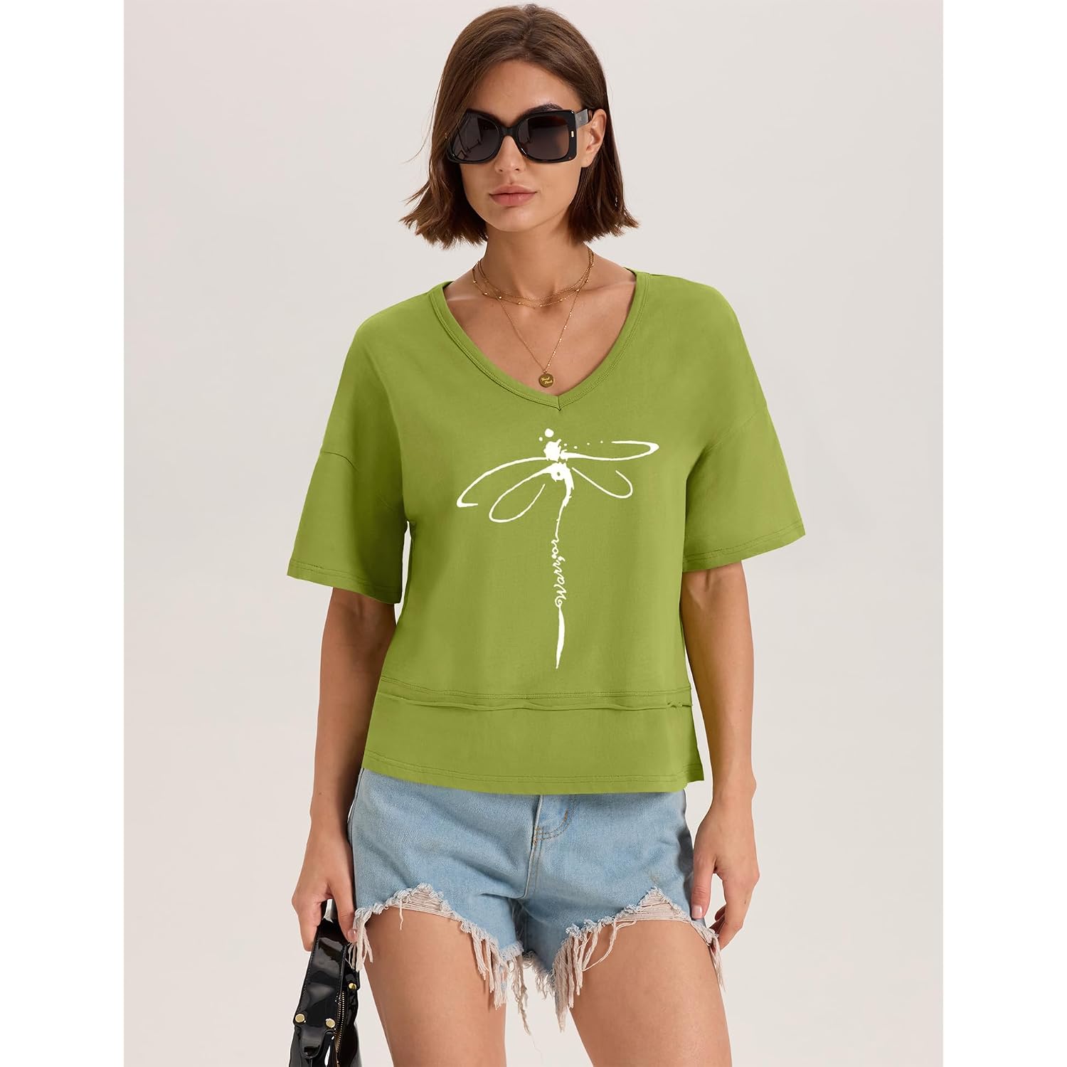 LOMON Women's V Neck 100% Cotton T Shirts Oversized Boxy Cropped Tops Casual Short Sleeve Summer Cute Tees