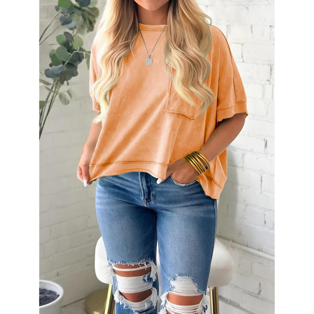 Cicy Bell Womens Summer Cropped T-Shirts Boxy Casual Short Sleeve Crew Neck Tops Acid Wash Cotton Loose Fit Tee Shirts