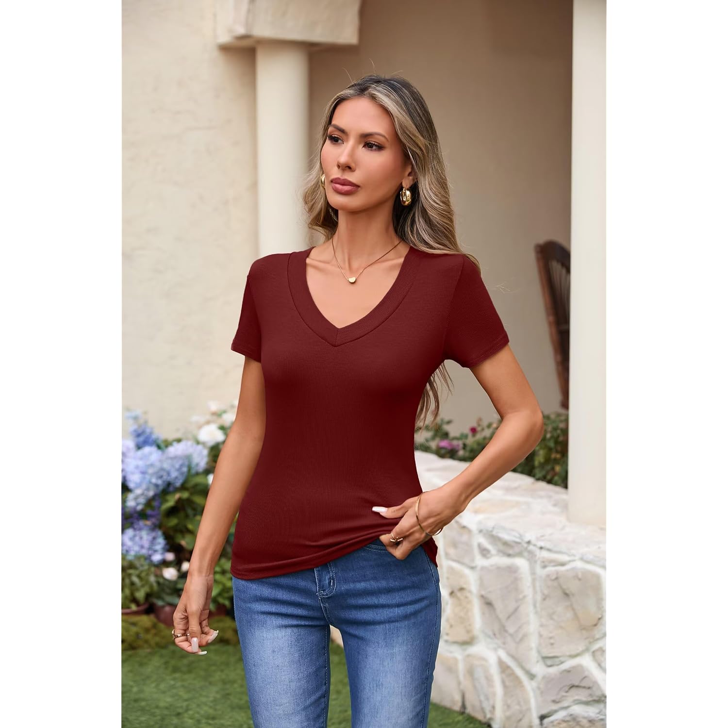 VICHYIE Womens Tops Short Sleeve Basic Casual V Neck Slim Fitted T-Shirts Ribbed Knit Shirt Trendy Fashion Tee