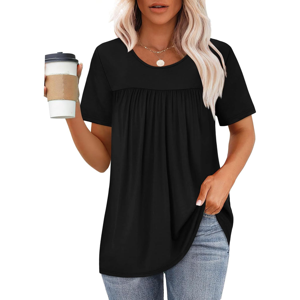 WIHOLL Womens Tops Short Sleeve T Shirts Pleated Dressy Casual Round Neck Summer Clothes Outfits Blouses Loose Fit