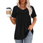 WIHOLL Womens Tops Short Sleeve T Shirts Pleated Dressy Casual Round Neck Summer Clothes Outfits Blouses Loose Fit