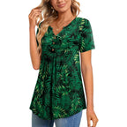 Women's Buttoned Henley Tunic Top Green Leaf/Black