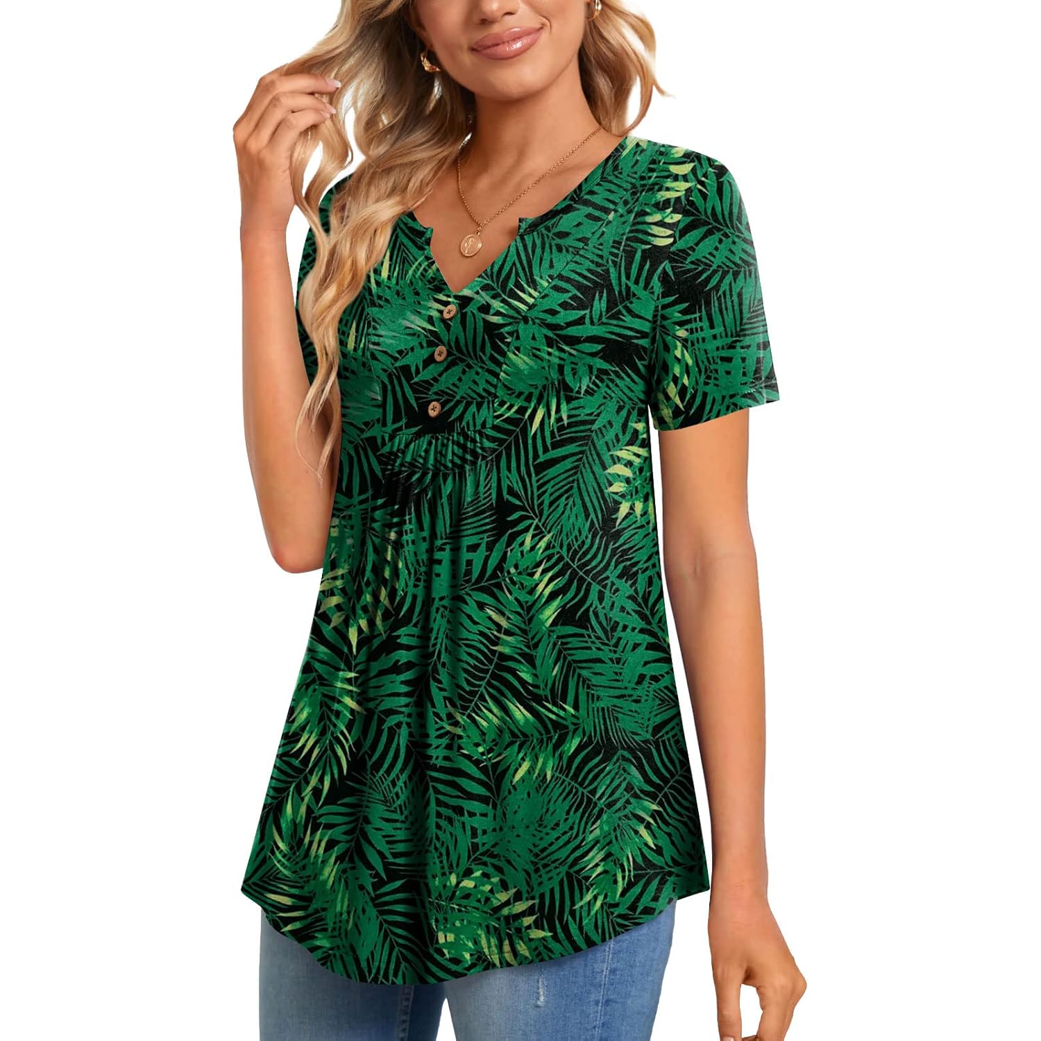 Women's Buttoned Henley Tunic Top Green Leaf/Black
