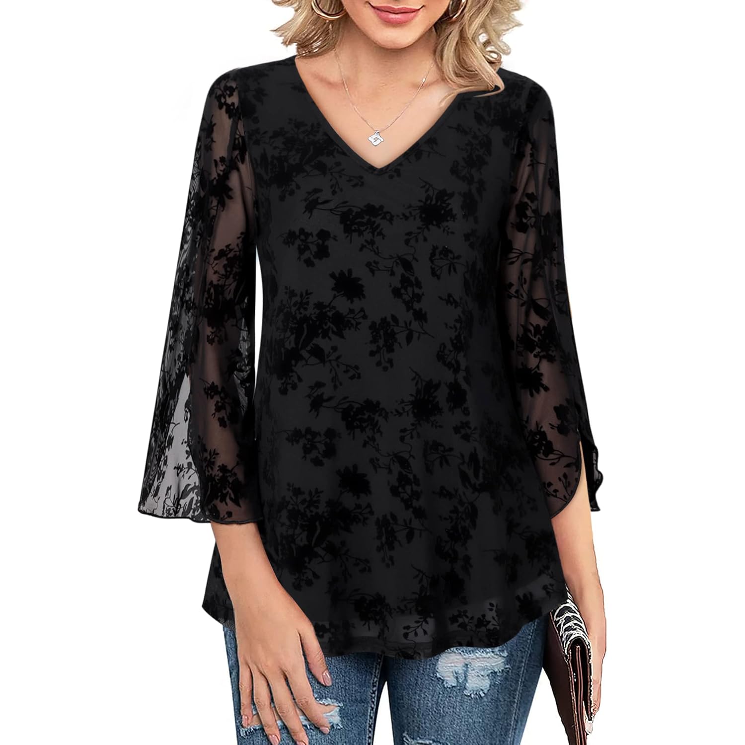 Women's Double Layer Mesh Tunic Top Black Floral