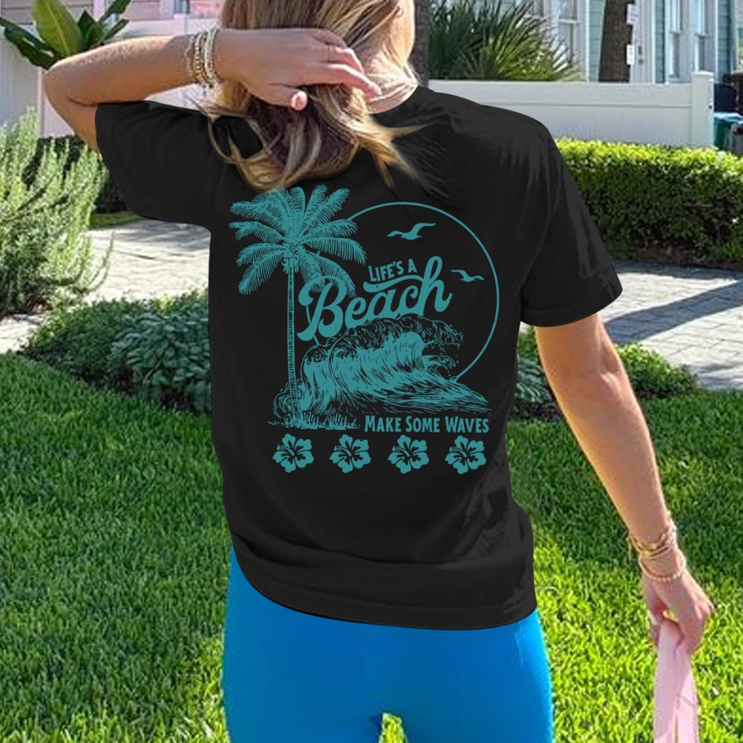 Hawaiian Beach T Shirts for Women Hibiscus Flower Palm Tree Shirt Tropical Graphic Tees Summer Beachy Vacation Tops