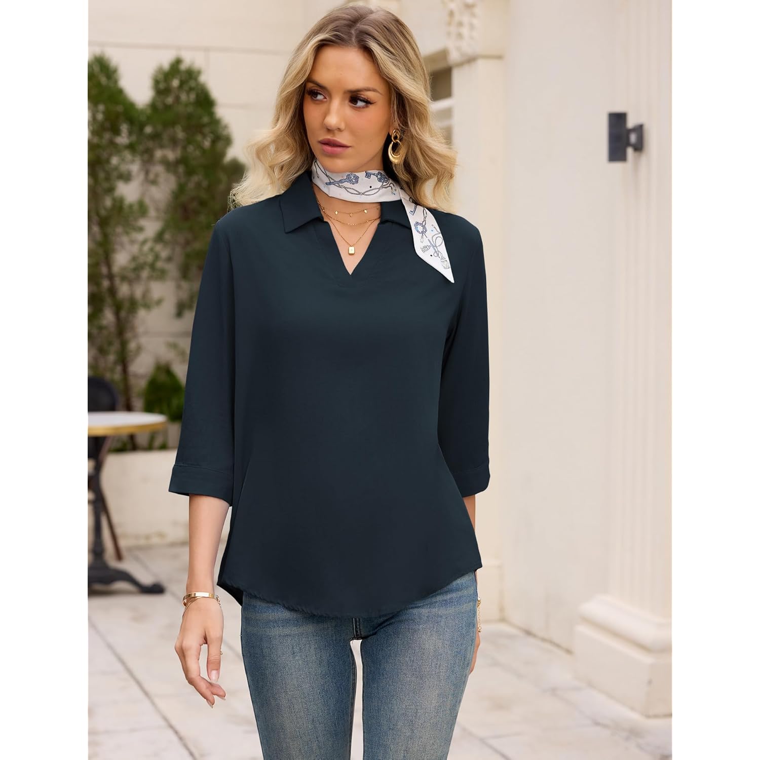 Women's Collared Cotton Linen Tunic Top Navy Blue